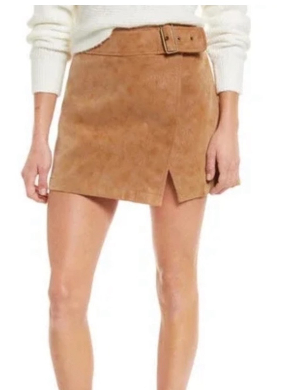 Free People Faux Suede Mini Skirt in Camel Brown with Side Buckle